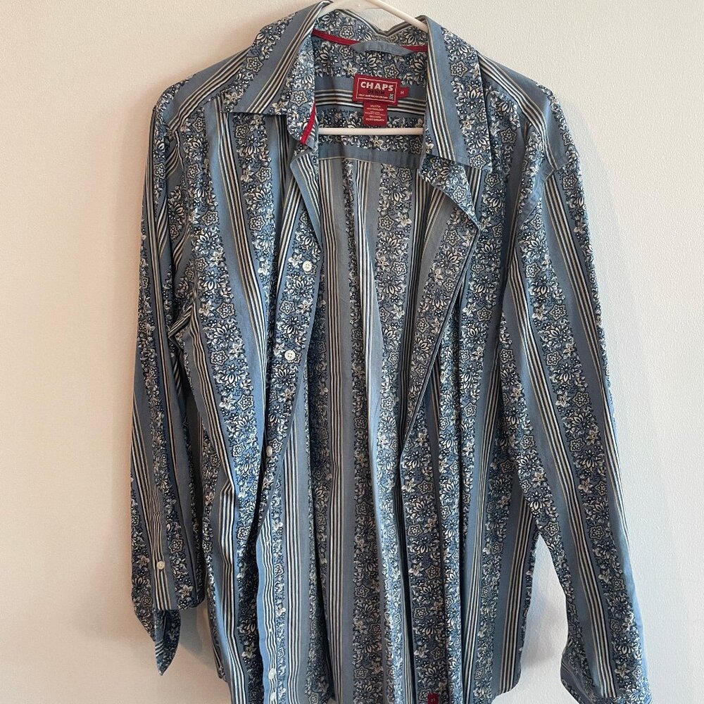 CHAPS Light Blue Denim Star Print Button Down Shirt Chambray Western Casual M